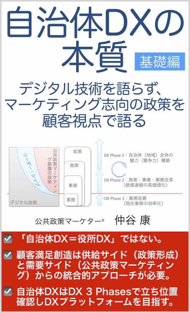 仲谷 康, 自治体DXの本質<基礎編>: デジタル技術を語らず、マーケティング志向の政策を顧客視点で語る, Kindle Unlimited, 2023.